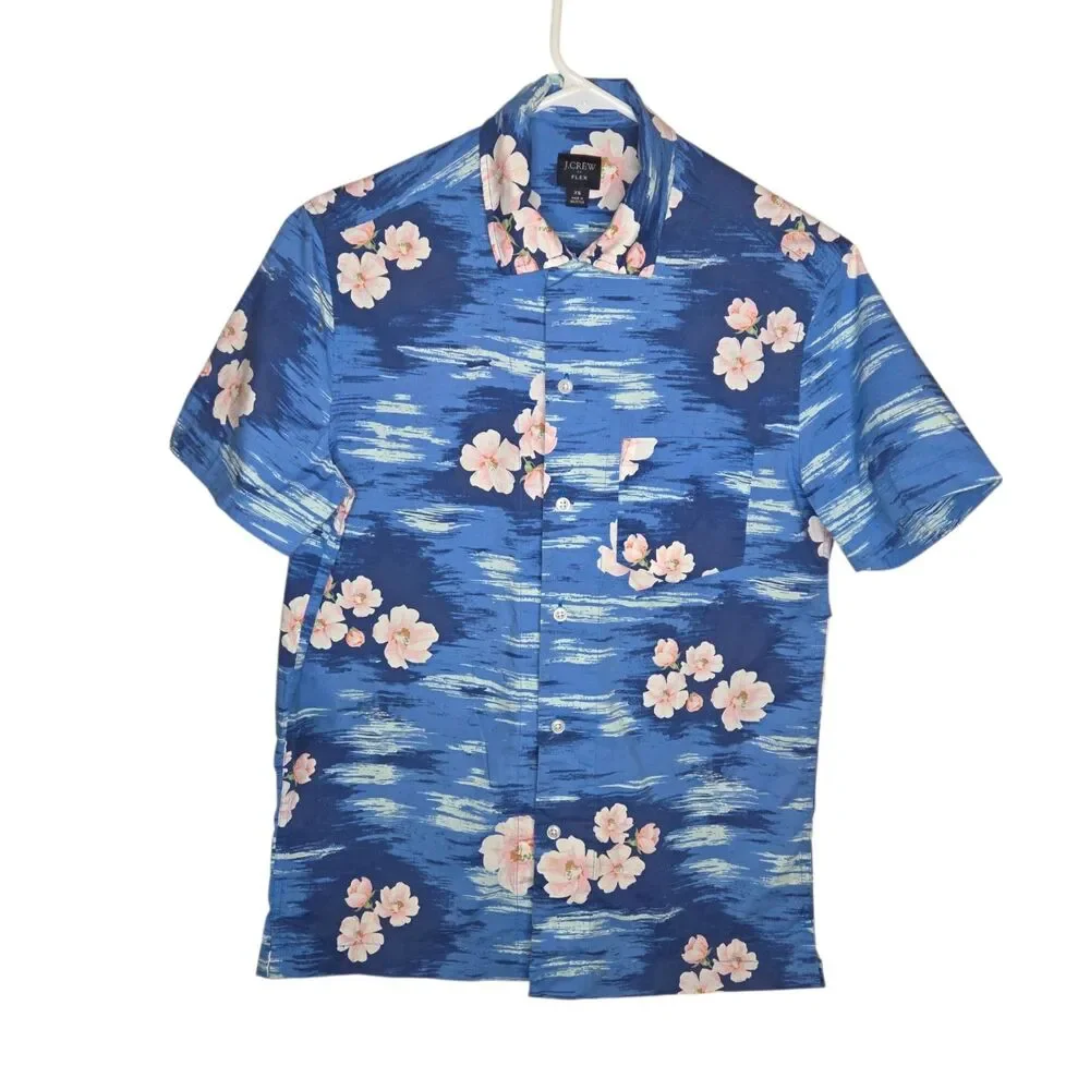 J. Crew Flex Blue Short Sleeve Button Down Shirt Sz XS Pink Floral Hawaiian